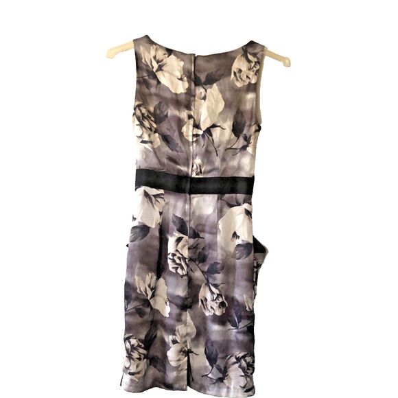 H & M Dress Sz 6 Floral White Gray Black Sleeveless Silky Fit & Flare Fall - Picture 6 of 8